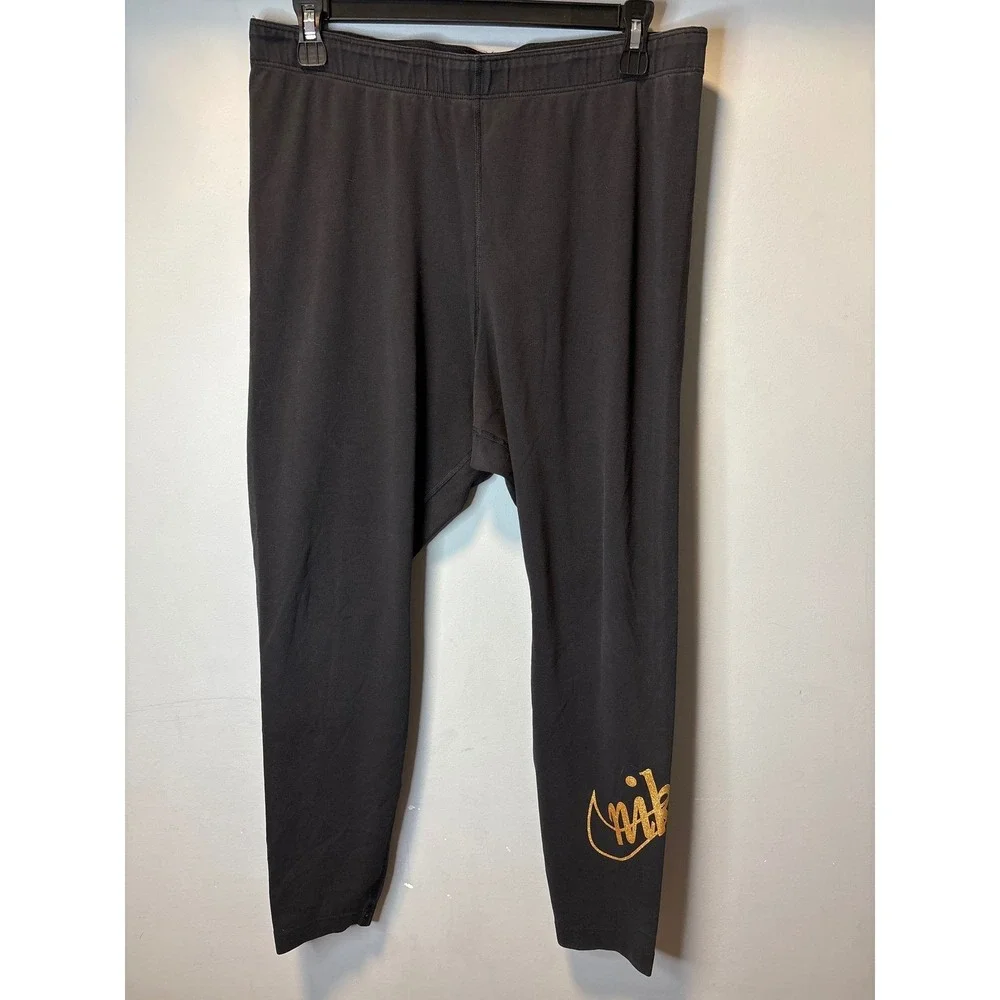 Nike Womens 1X Leggings Black Gold Glitter Spell Out Logo High Rise‎ Athletic